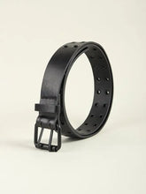 Black grommet PU leather belt with double buckle and dangling strap