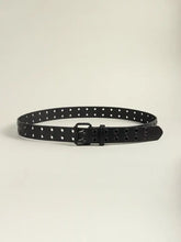 Black grommet PU leather belt with silver buckle and dangling strap