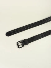 Black grommet PU leather belt with double buckle and dangling strap
