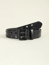 Black grommet PU leather belt with double buckle and dangling strap