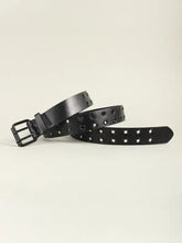 Black grommet PU leather belt with silver buckle and dangling strap