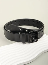 Black grommet PU leather belt with double buckle and dangling strap