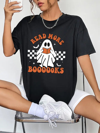 Black Halloween Ghost Graphic Oversized T-Shirt Short Sleeve Length Black Woman T Shirts