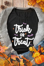 Black Halloween themed womens t-shirt with trick or treat bat and glitter