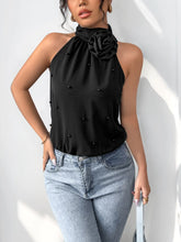 Black Halter Bodysuit with Pearl Accents and Rose Detail Black