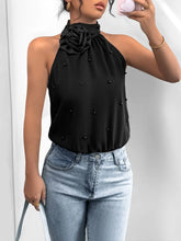 Black Halter Bodysuit with Pearl Accents and Rose Detail