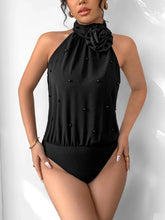 Black Halter Bodysuit with Pearl Accents and Rose Detail