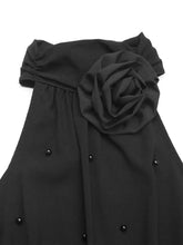 Black Halter Bodysuit with Pearl Accents and Rose Detail Woman Bodysuits