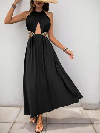 Black Halter Maxi Dress with Side Cutouts Black