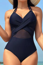 Black Halter Neck One Piece Swimsuit with Removable Padding Dark Blue