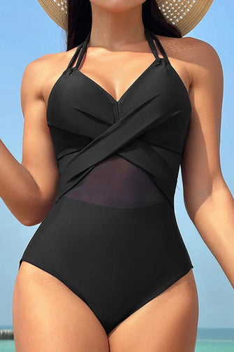 Black Halter Neck One Piece Swimsuit with Removable Padding Black