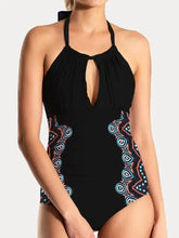 Black Halter-Neck Swimsuit with Patterned Sides and Cutout Chest Swimwear