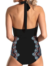 Black Halter-Neck Swimsuit with Patterned Sides and Cutout Chest