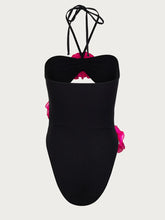 Black Halter Swimsuit with Pink Floral Accents and Cutout Detail