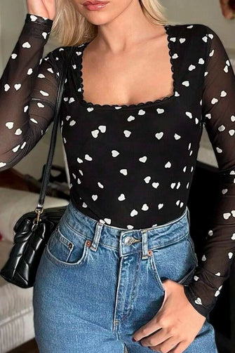 Black Heart Pattern Lace Bodysuit Long Sleeve Women’s Top Black