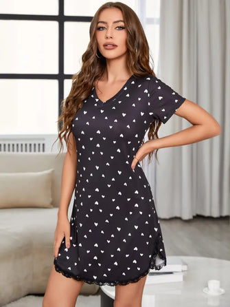 Black Heart Patterned Short Sleeve Nightgown Pajama Set Black Dresses