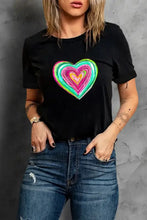 Black heart round neck short sleeve t shirt for women with colorful design