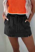 Charcoal gray high waist denim mini skirt with drawstring and elastic waistband