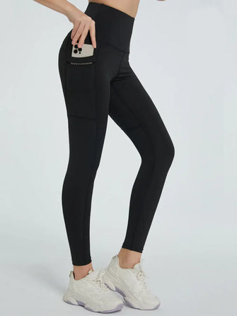 Black High-Waisted Athletic Leggings with Pockets Moderate Stretch Basic Style Black