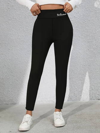 Black High-Waisted Leggings with Embroidered Waistband Black