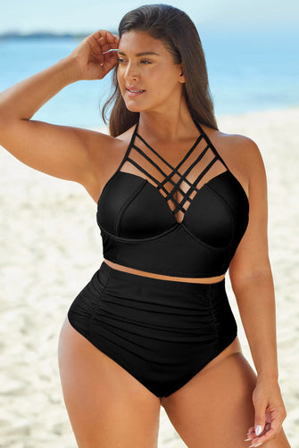 Black High Waisted Two Piece Swimsuit with Removable Padding and Cup Height Black