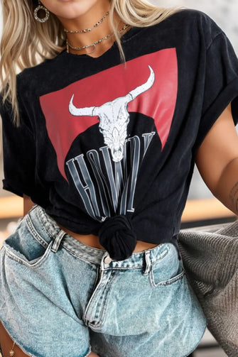 Black Howdy Bull Skull Cotton Graphic T-Shirt for Women Black