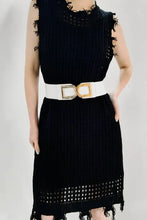 Sleeveless black knit blazer dress with white double D buckle PU belt and fringed hem