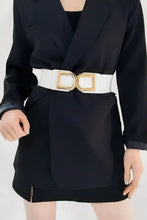 Black knit blazer dress with white double D buckle PU belt