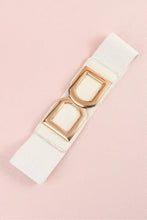 White elastic double d buckle pu belt with gold square buckle