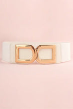 White double d buckle pu belt with gold square on black knit blazer dress