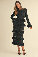 Black Knit Midi Dress with Long Sleeve Tiered Ruffle Details BLACK