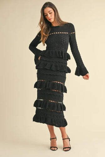 Black Knit Midi Dress with Long Sleeve Tiered Ruffle Details BLACK