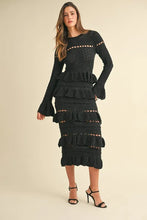 Black Knit Midi Dress with Long Sleeve Tiered Ruffle Details