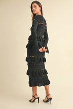 Black Knit Midi Dress with Long Sleeve Tiered Ruffle Details