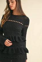 Black Knit Midi Dress with Long Sleeve Tiered Ruffle Details Woman Sweater Dresses