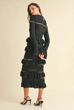 Black Knit Midi Dress with Long Sleeve Tiered Ruffle Details