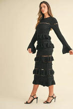 Black Knit Midi Dress with Long Sleeve Tiered Ruffle Details