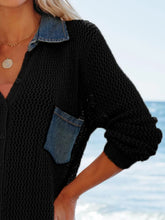 Black Knit Shirt Dress with Denim Accents and Sheer Swimwear Cover-Up