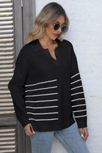 Black Knit Sweater with White Stripes Long Sleeve Pullover