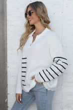 Black Knit Sweater with White Stripes Long Sleeve Pullover Sweater Pullovers