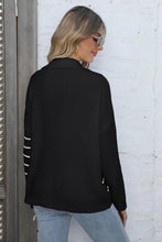 Black Knit Sweater with White Stripes Long Sleeve Pullover Sweater Pullovers