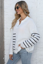 Black Knit Sweater with White Stripes Long Sleeve Pullover
