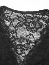 Black lace bodysuit with floral patterns, sheer mesh, stretch material, tumble dry low
