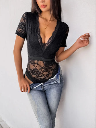 Black Lace Bodysuit with Moderate Stretch Black