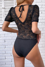 Black Lace Bodysuit with Short Sleeves and Plunge Neckline Woman Bodysuits
