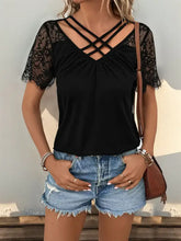 Black Lace Crisscross Sleeve Top for Women Black Woman T Shirts