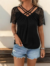 Black Lace Crisscross Sleeve Top for Women Woman T Shirts