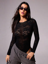 Black Lace Long Sleeve Bodysuit for Women Black