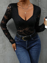 Black Lace Long Sleeve Bodysuit for Women Semi Sheer Stretchy