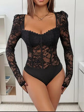 Black lace long sleeve bodysuit with scalloped edges, highly stretchy